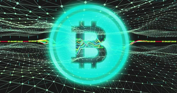 Afbeelding Van Blauw Gloeiende Bitcoin Symbool Financiële Gegevensverwerking Met Netwerk — Stockfoto