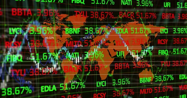 オレンジ色の世界地図と黒の背景に金融データ処理と統計記録の画像 グローバル金融ビジネスの概念デジタル的に生成されたイメージ — ストック写真