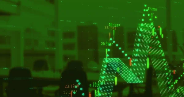 Pénzügyi Adatok Feldolgozása Üres Irodán Keresztül Zöld Háttérrel Globális Pénzügyi — Stock Fotó