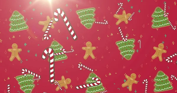 Imagen Árboles Navidad Hombres Jengibre Bastones Caramelo Cayendo Sobre Fondo —  Fotos de Stock
