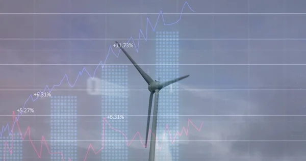 Image Wind Turbine Turning Data Processing Stock Exchange Graph Increasing — Stock Photo, Image