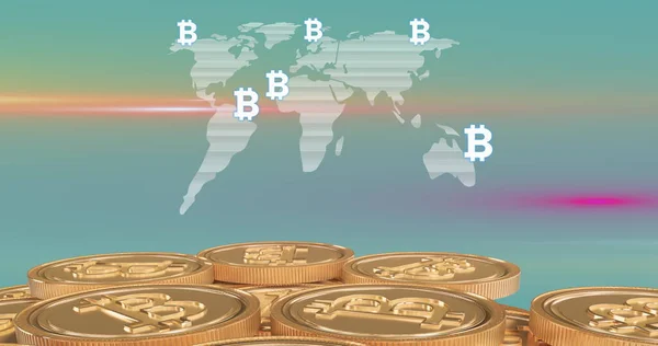 Afbeelding Van Wereldkaart Met Bitcoin Symbolen Met Gouden Bitcoins Groene — Stockfoto