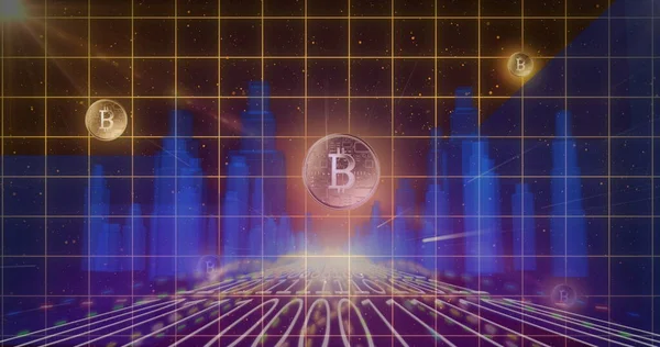 Kép Bináris Kódolásról Bitcoin Szimbólumok Felett Rácson Kék Városképpel Háttérben — Stock Fotó
