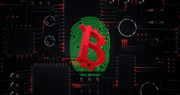 Imagen Símbolo Bitcoin Rojo Con Huella Digital Verde Parpadeando Sobre —  Fotos de Stock