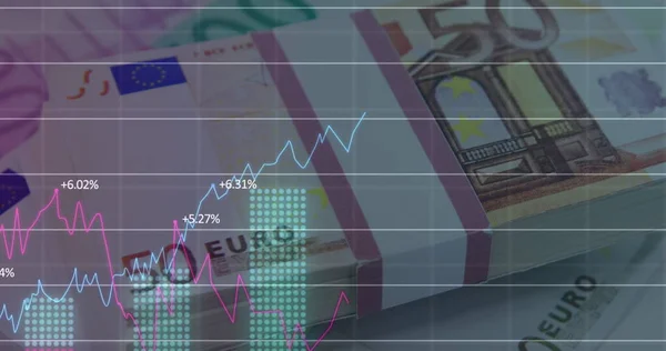 Зображення Обробки Фінансових Даних Над Банкнотами Євро Глобальні Фінанси Бізнес — стокове фото