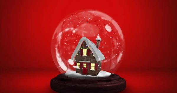 Afbeelding Van Sneeuwbol Met Sneeuw Vallen Huis Rode Achtergrond Kerstfeest — Stockfoto