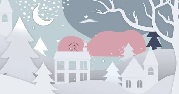 Image Christmas Winter Scenery Crescent Moon Houses Tree Grey Background — Stock Photo, Image