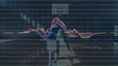 Basketbolcu üzerinden veri işleme animasyonu. global spor, dijital arayüz ve veri işleme kavramı dijital olarak oluşturulmuş video.