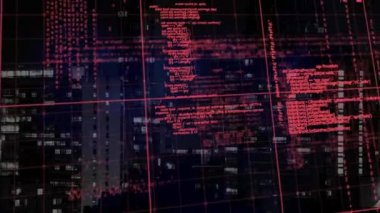 Şehir manzarası üzerinde veri işleme animasyonu. ticari, ağ, bağlantılar, teknoloji ve dijital arayüz kavramı dijital olarak oluşturulmuş video.
