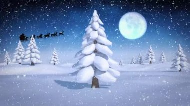 Noel Baba 'nın Noel Baba' yla kızakta köknar ağaçları, kar ve ay üzerindeki ren geyikleriyle canlandırması. Noel, gelenek ve kutlama konsepti dijital olarak oluşturuldu.
