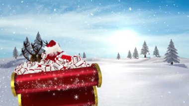 Noel Baba 'nın kızakta Noel hediyeleri ve kış manzarasına yağan karla canlandırılması. Noel, gelenek ve kutlama konsepti dijital olarak oluşturuldu.