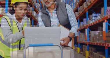 Depoda çalışan insanların veri işleme animasyonları. küresel sevkiyat, dağıtım ve bağlantılar konsepti dijital olarak oluşturulmuş video.