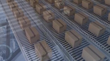 Taşıyıcı bantlardaki karton kutuların üzerinden geçen istatistiklerin animasyonu. küresel gönderim ve bağlantılar konsepti dijital olarak oluşturulmuş video.