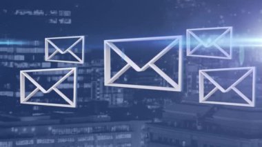 Şehir manzarası üzerinde mesaj simgeleri ve veri işleme animasyonları. ticari, ağ, bağlantılar, teknoloji ve dijital arayüz kavramı dijital olarak oluşturulmuş video.