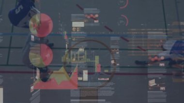 Basketbolcular üzerinde veri ve istatistik işleme animasyonu. global spor, dijital arayüz ve veri işleme kavramı dijital olarak oluşturulmuş video.