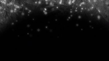 Siyah arkaplana düşen beyaz kar taneleri üzerine einde metni animasyonu. İletişim, eğlence ve dijital arayüz teknolojisi konsepti dijital olarak oluşturulmuş video.