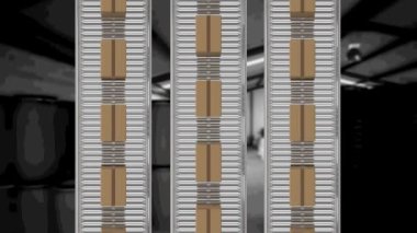 Karton kutuların depodaki taşıma bantlarında hareket etmesi. küresel gönderim ve bağlantılar konsepti dijital olarak oluşturulmuş video.