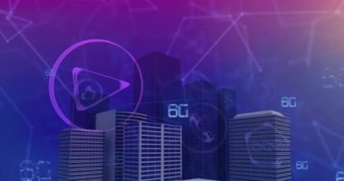 Şehir manzarasında 6G metnin animasyonu. küresel iş, bağlantılar, veri işleme ve teknoloji konsepti dijital olarak oluşturulmuş video.