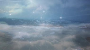 Manzara üzerindeki bağlantı ağlarının animasyonu. küresel bağlantılar, dijital arayüz, dijital olarak oluşturulan veri işleme konsepti.