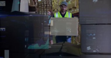 Kutuları arabaya koyan adamın veri işleme animasyonu. küresel sevkiyat, dağıtım ve bağlantılar konsepti dijital olarak oluşturulmuş video.
