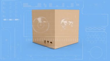 Mavi arka plandaki karton kutunun üzerinde istatistik işleme animasyonu. küresel gönderim ve veri işleme kavramı dijital olarak oluşturulmuş video.