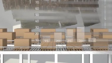 Taşıyıcı bantlardaki karton kutuların üzerinden geçen istatistiklerin animasyonu. küresel gönderim ve veri işleme kavramı dijital olarak oluşturulmuş video.