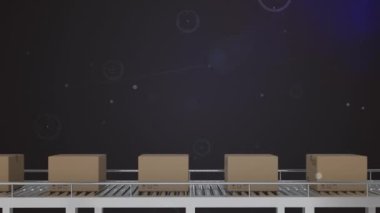 Depodaki taşıma bantlarındaki kutuların üzerindeki bağlantı ağının animasyonu. küresel sevkiyat, dağıtım ve bağlantılar konsepti dijital olarak oluşturulmuş video.