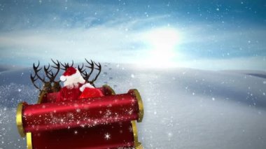 Noel Baba 'nın kızakta Noel hediyeleri ve kış manzarasına yağan karla canlandırılması. Noel, gelenek ve kutlama konsepti dijital olarak oluşturuldu.