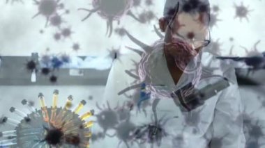 Laboratuvardaki kadın üzerinde koronavirüs hücrelerinin canlandırılması. küresel covid 19 salgın, ilaç ve sağlık hizmetleri konsepti dijital olarak oluşturulmuş video.