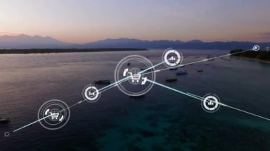 Manzara üzerindeki simgelerle bağlantı ağının animasyonu. küresel çevrimiçi bağlantılar, dijital arayüz ve dijital olarak oluşturulan iletişim konsepti.