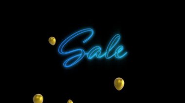 Metin satışlarının animasyonu, mavi neonlu, altın balonlu, siyah arka planda. communication, perakende, sosyal ağ ve dijital olarak oluşturulmuş video konsepti.