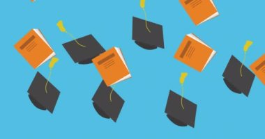 Mavi arka planda kitap ve mezuniyet şapkalarının animasyonu. eğitim, geliştirme ve öğrenme konsepti dijital olarak oluşturulmuş video.