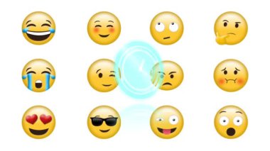 Saatin üzerindeki simgelerin animasyonu. küresel sosyal medya ve iletişim konsepti dijital olarak oluşturulmuş video.