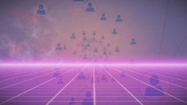 Mor arkaplandaki bağlantı ağının animasyonu. küresel sosyal medya, bağlantılar ve dijital arayüz konsepti dijital olarak oluşturulmuş video.
