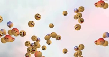 Gri arkaplanda birden fazla düşen emojinin animasyonu. Sosyal medya ve iletişim konsepti dijital olarak oluşturulmuş video.