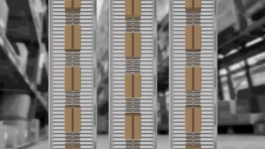 Karton kutuların depodaki taşıma bantlarında hareket etmesi. küresel gönderim ve bağlantılar konsepti dijital olarak oluşturulmuş video.