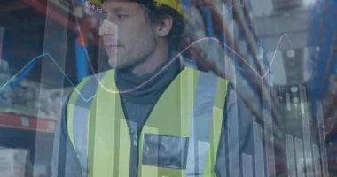 Depoda çalışan adamın istatistik ve mali veri işleme animasyonu. küresel gönderim ve bağlantılar konsepti dijital olarak oluşturulmuş video.