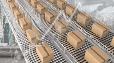 Taşıyıcı bantlardaki karton kutuların üzerinden geçen istatistiklerin animasyonu. küresel gönderim ve bağlantılar konsepti dijital olarak oluşturulmuş video.