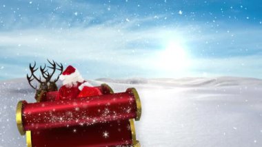 Noel Baba 'nın kızakta Noel hediyeleri ve kış manzarasına yağan karla canlandırılması. Noel, gelenek ve kutlama konsepti dijital olarak oluşturuldu.