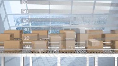 Taşıyıcı bantlardaki karton kutuların üzerinden geçen istatistiklerin animasyonu. küresel gönderim ve veri işleme kavramı dijital olarak oluşturulmuş video.