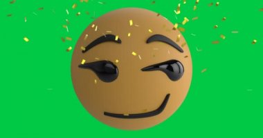 Altın konfetisinin düşüşü üzerine mutlu emojinin animasyonu. Sosyal medya ve iletişim konsepti dijital olarak oluşturulmuş video.
