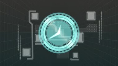 Bilgisayar ağı üzerinden saat animasyonu ve siyah arkaplanda veri işleme. İletişim, bağlantı ve arayüz teknolojisi konsepti dijital olarak oluşturulmuş video.