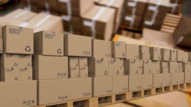 Karton kutuların ambarın üzerinde taşıyıcı bant üzerinde hareket etmesinin animasyonu. küresel gönderim ve bağlantılar konsepti dijital olarak oluşturulmuş video.