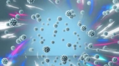 Mor ve mavi ışıkların üzerinde uçan Coperid 19 hücrenin animasyonu. küresel covid 19 salgın, ilaç ve sağlık hizmetleri konsepti dijital olarak oluşturulmuş video.