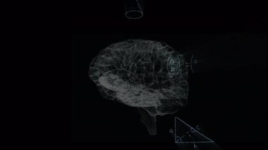 Matematiksel denklemlerin animasyonu, insan beyninin dijital modeli üzerinden siyah arkaplanda. küresel eğitim, bilim, dijital arayüz ve dijital olarak üretilen video konsepti.