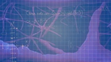 Matematiksel denklemlerin dijital nöronların siyah arkaplan üzerindeki animasyonu. küresel eğitim, bilim, dijital arayüz ve dijital olarak üretilen video konsepti.
