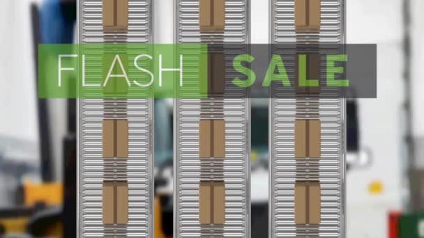 Animatie Van Flash Sale Tekst Kartonnen Dozen Transportbanden Global Delivery — Stockvideo