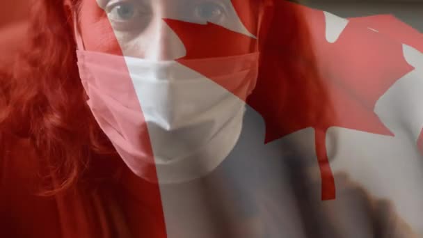 Animación Bandera Canadá Ondeando Sobre Mujer Máscara Facial Global Covid — Vídeos de Stock