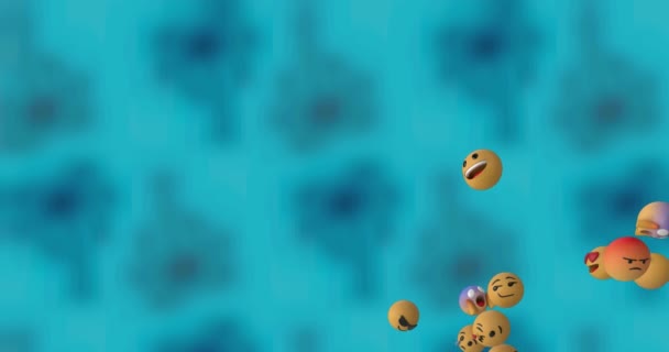 Анимация Нескольких Падающих Эмодзи Синем Фоне Социальные Медиа Коммуникационная Концепция — стоковое видео