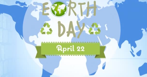 Animatie Van Aarde Dagtekst Met Wereldbol Recycling Logo Blauwe Wereldkaart — Stockvideo